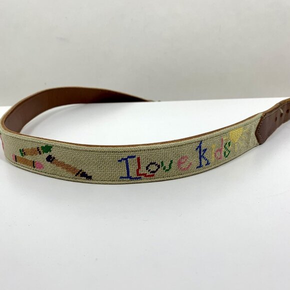 Hand-Needlepoint Leather Belt Kindergarten 1+1=2 ABC Crayons Apple CHR MONOGRAM - Picture 1 of 4